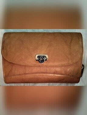 Small Tan Leather Clutch Or Crossbody Bag with Silver-Tone Flip Up Closure